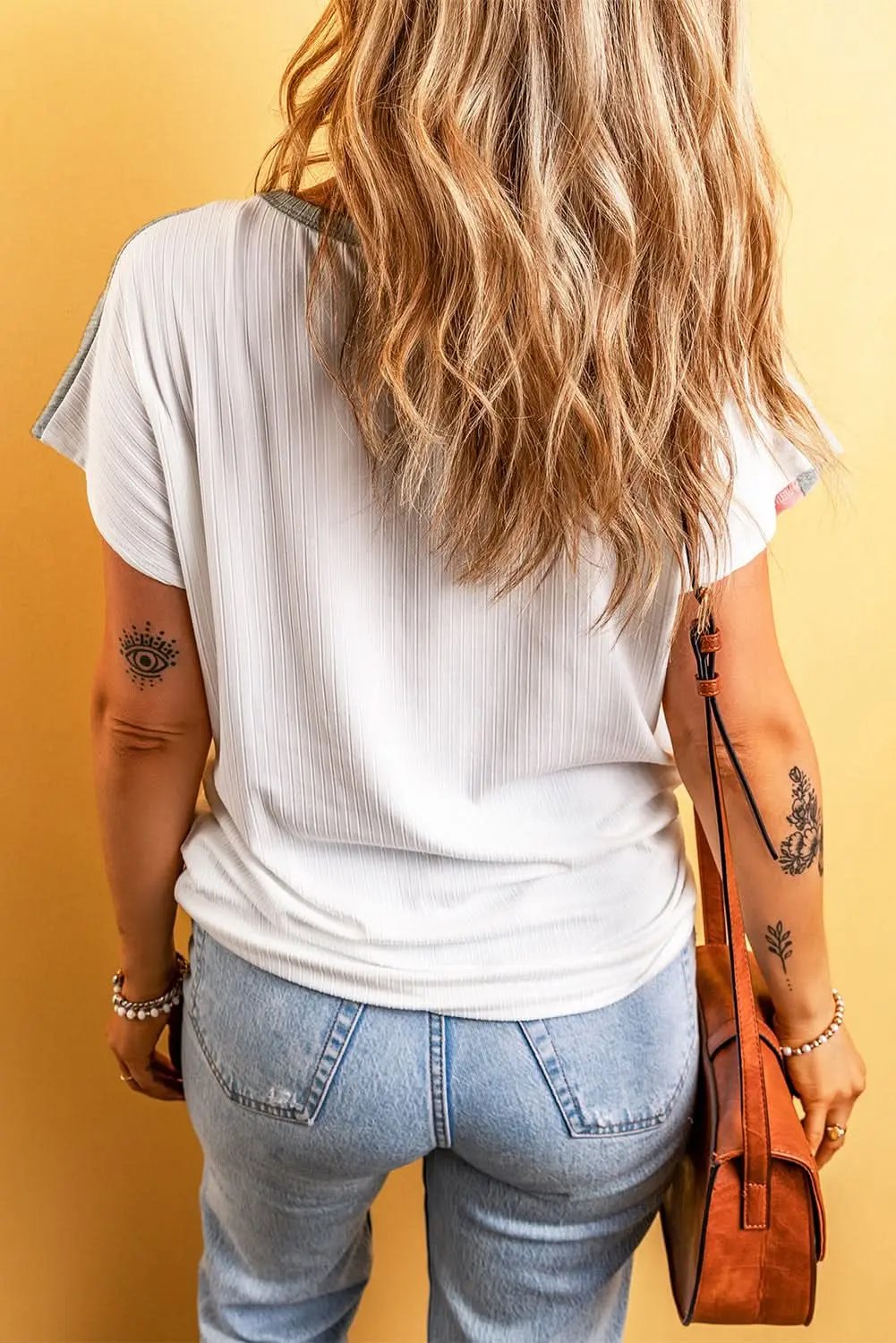 White Ribbed Color Block Patchwork T-shirt - Love Salve